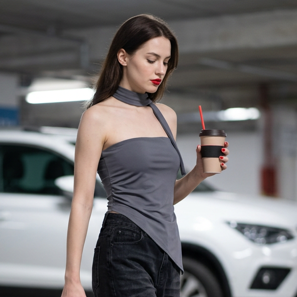 B. Top strapless cinta bajo irregular
