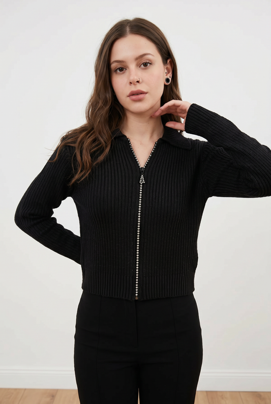 F. Cardigan con cierre con brillos